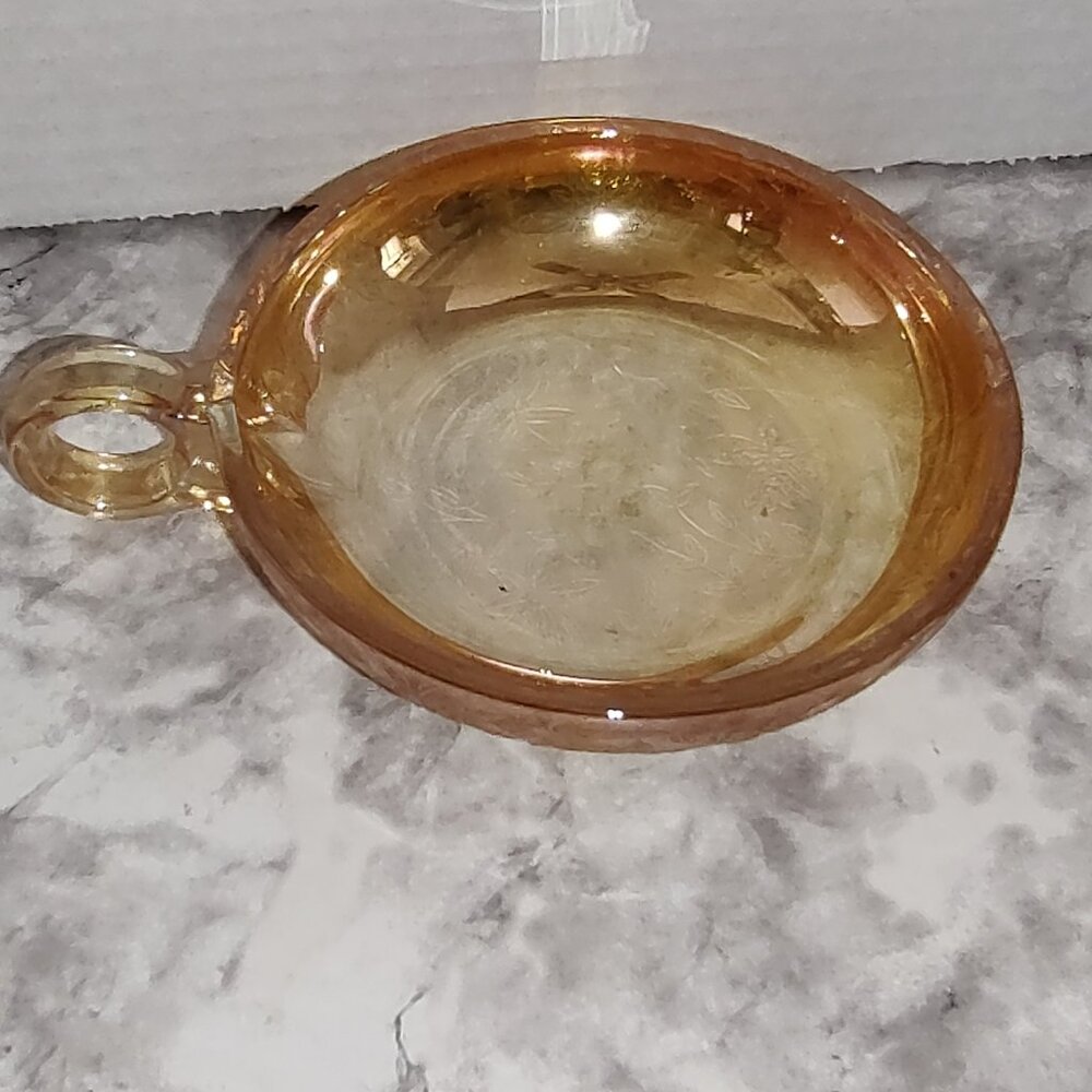 1940s Iridescent Orange Floragold Louisa One Handle Candy Dish Carnival Glass